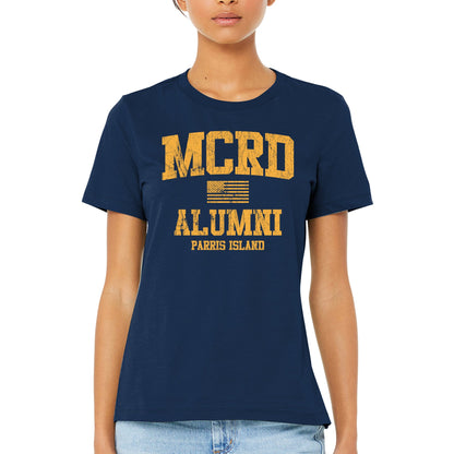 A navy t-shirt with 'MCRD ALUMNI PARRIS ISLAND' 