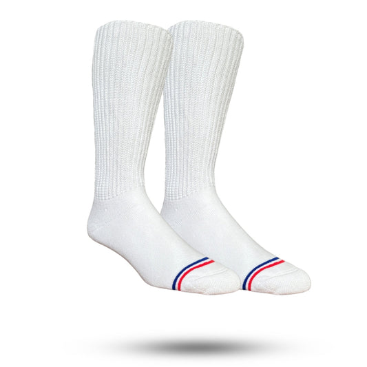 A pair of white non-binding crew socks with a red and blue stripe around foot 