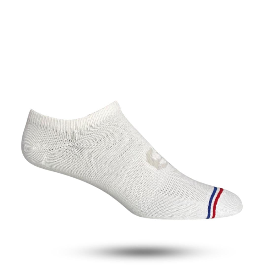 White no show sock with red white and blue stripe on toes