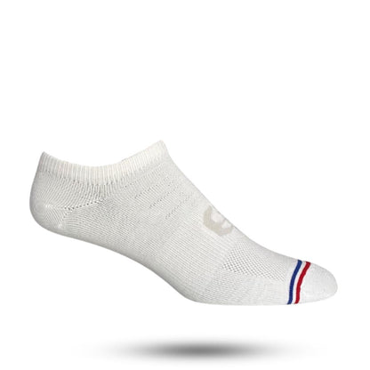 White no show sock with red white and blue stripe on toes