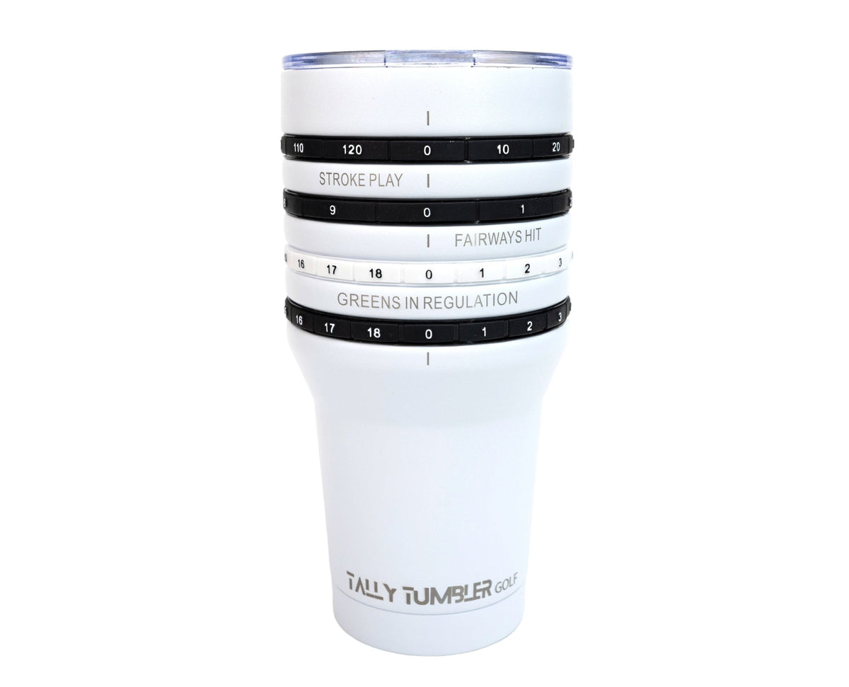 White tumbler with black measurement bands on a white background