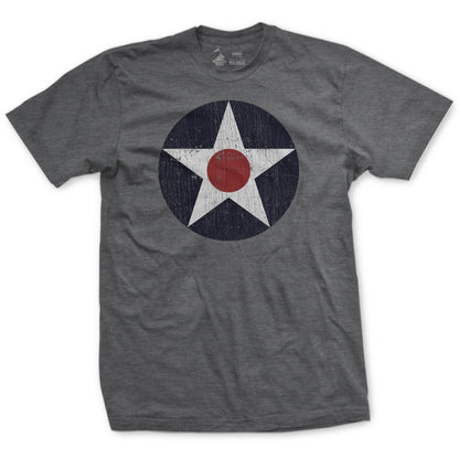 A heather grey t-shirt with a white roundel design and a red dot in the center, representing a World War 2 theme.