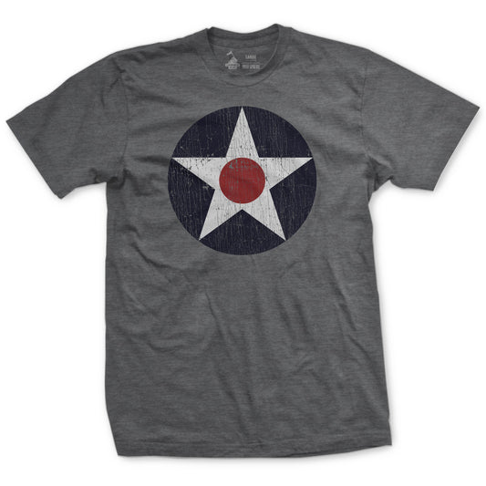 A heather grey t-shirt with a white roundel design and a red dot in the center, representing a World War 2 theme.