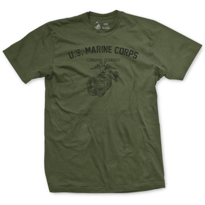 OD green T-shirt with a printed design that includes the text 'U.S. MARINE CORPS' and a graphic of a marine emblem.