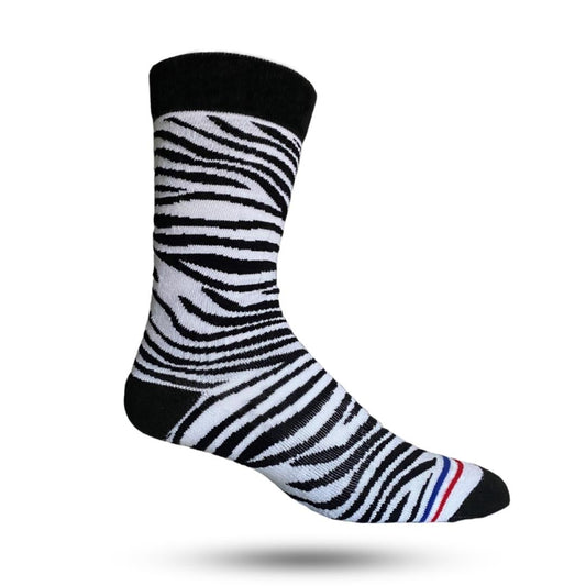 A pair of black and white striped performance crew socks with a reinforced heel and toe seam.