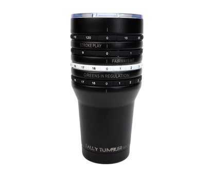 Black tumbler with golf-themed measurements on a white background