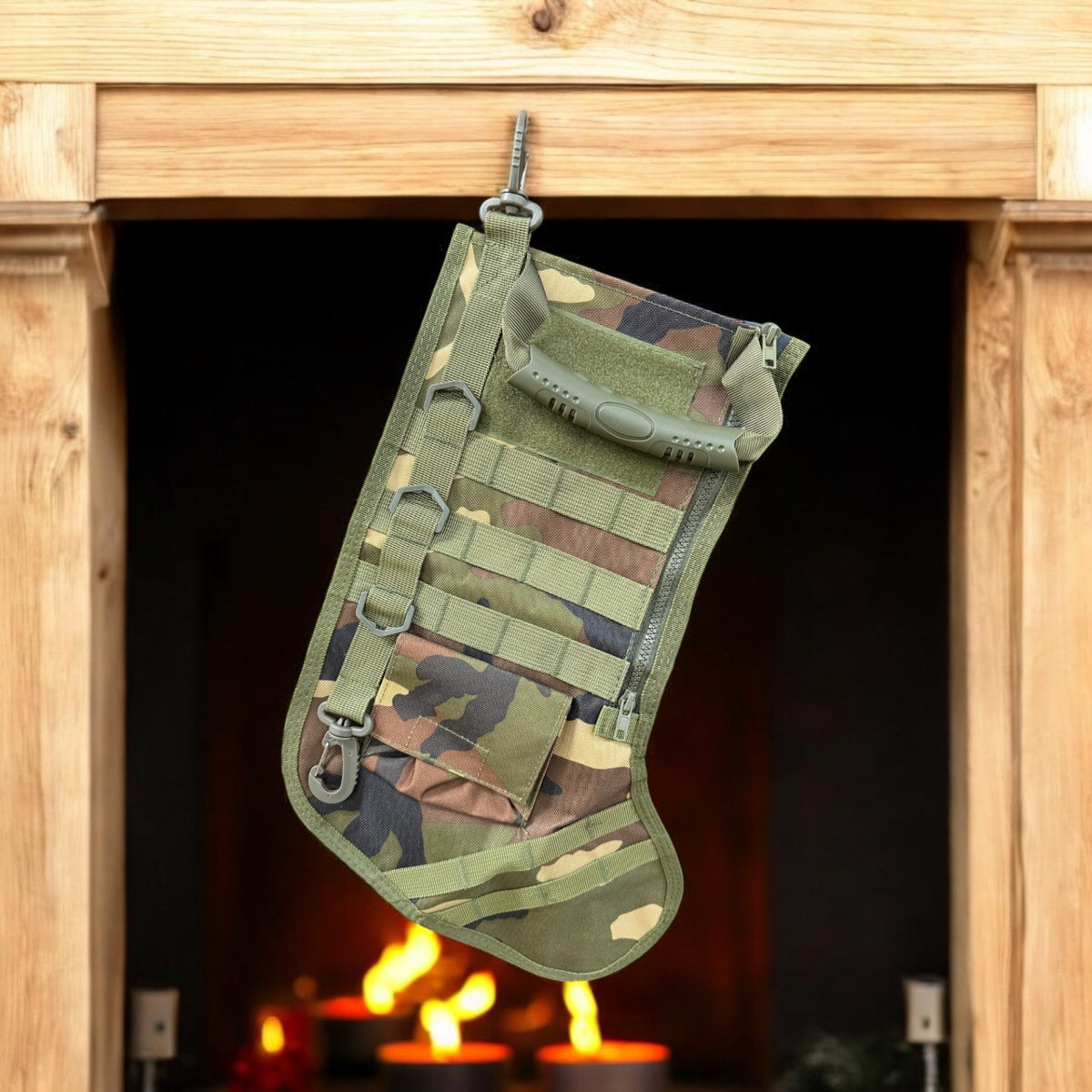 Camo tactical Christmas stocking hanging by a fireplace