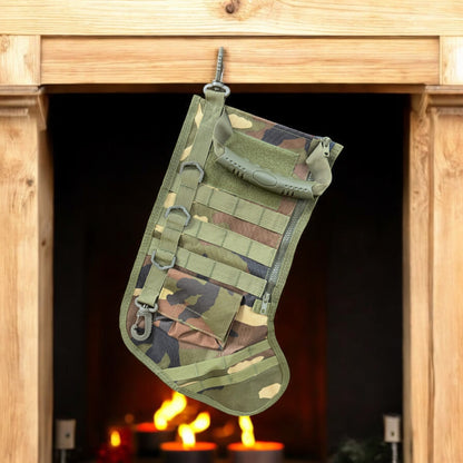 Camo tactical Christmas stocking hanging by a fireplace