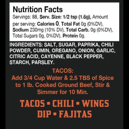 Nutrition facts and recipe text for a taco chili wings dip fajitas product on a black background, with white nutrition panel and orange/red text listing ingredients and preparation.