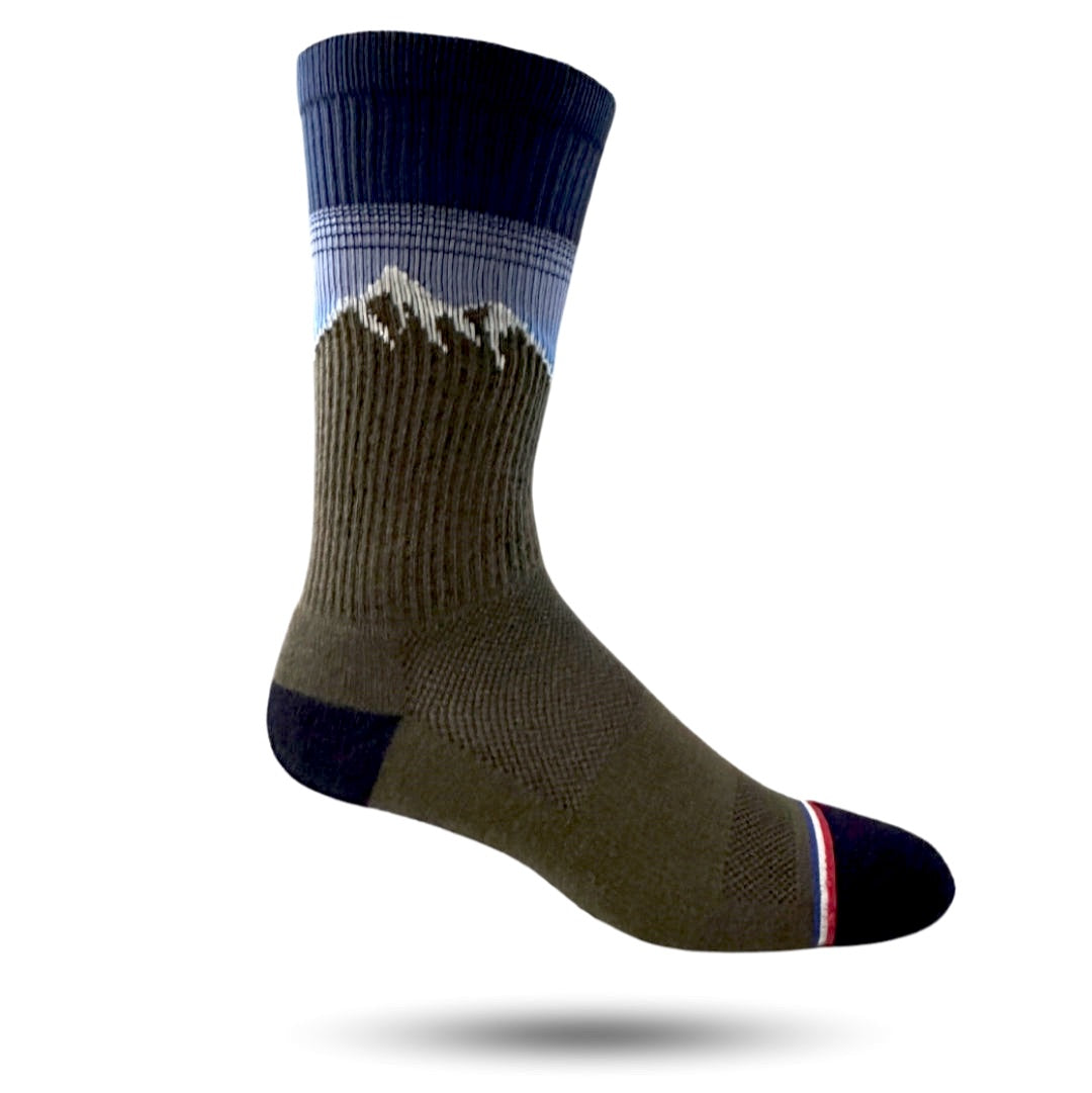 Crew sock with brown mountains and navy and light blue background