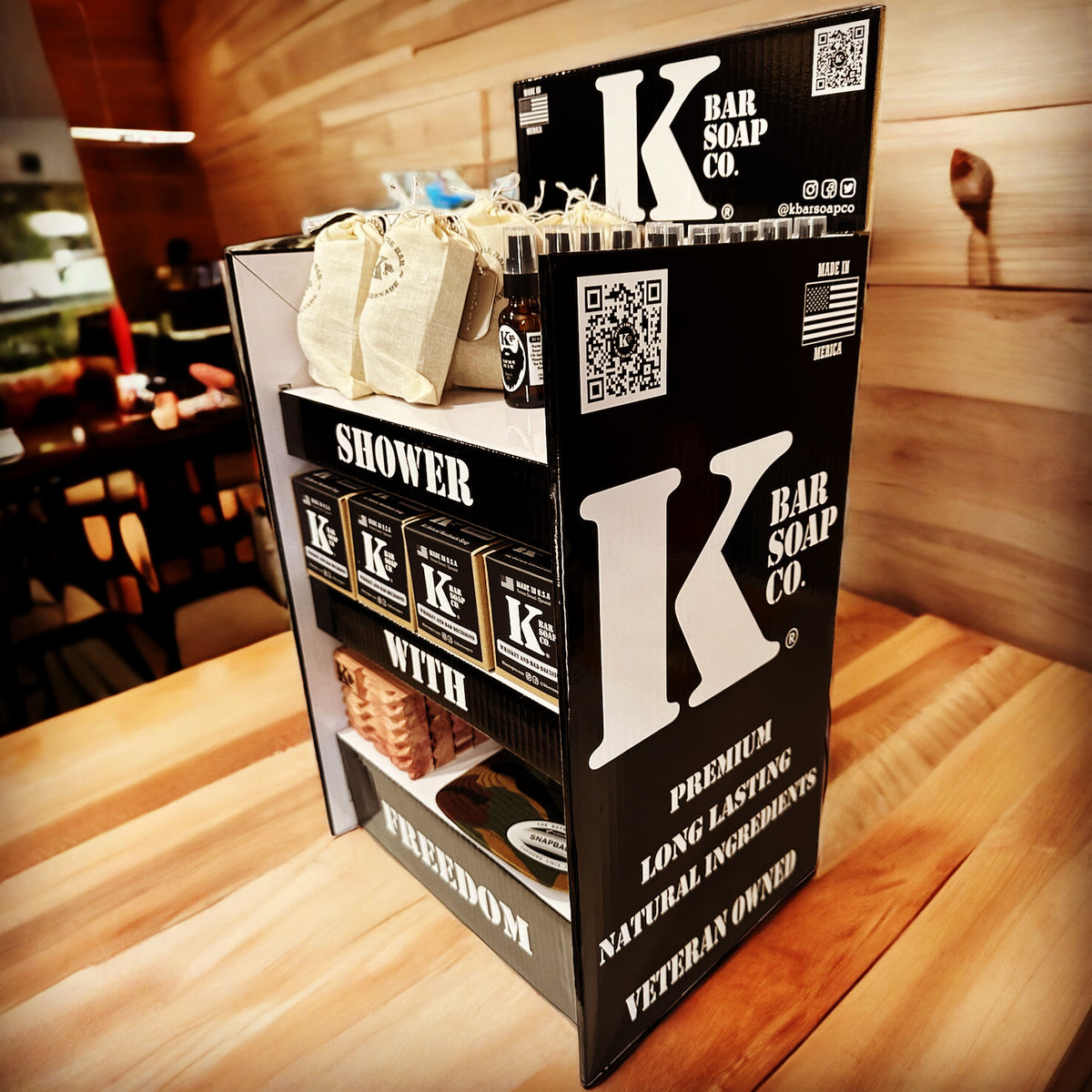 KBSC retail display with soap and grooming products, angled view