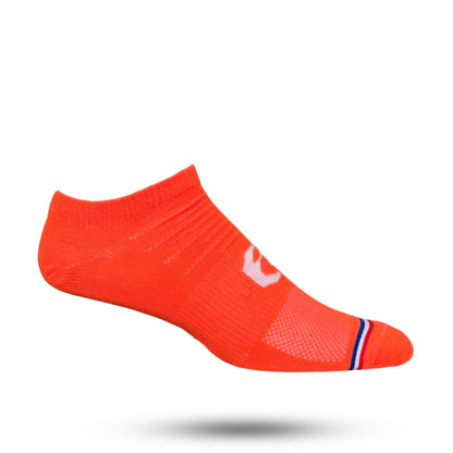 Orange no show sock with red white and blue stripe on toes