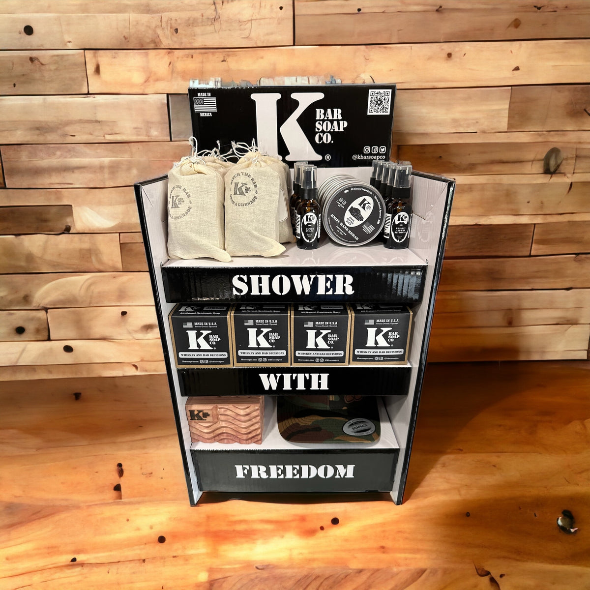KBSC retail display stocked with boxed soap, front view