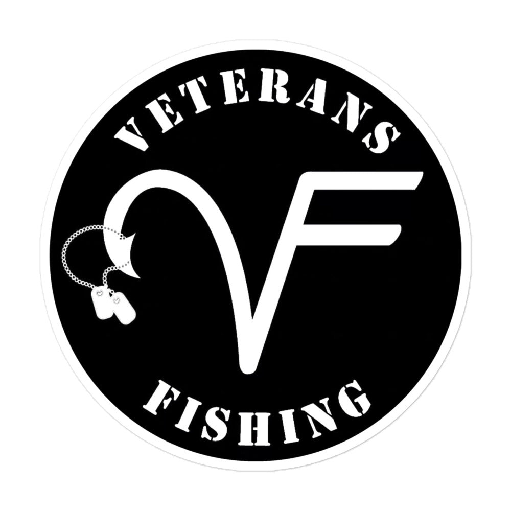 A black vinyl decal with a white fishing hook and the text 'Veterans Fishing'.