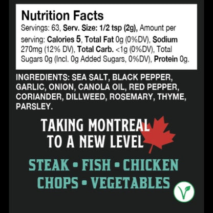A close-up of a product label or packaging graphic with a Nutrition Facts panel at the top, ingredients listed below, and bold text reading 'TAKING MONTREAL TO A NEW LEVEL' with a red maple leaf and 'STEAK • FISH • CHICKEN CHOPS • VEGETABLES' in teal on a dark background.