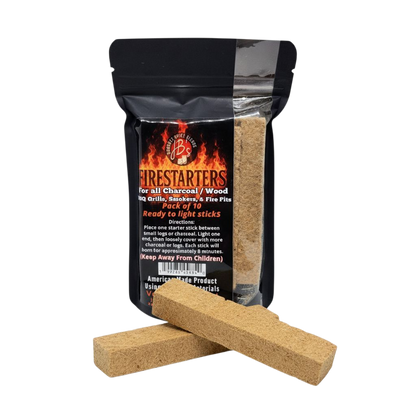 A black resealable pouch labeled 'Firestarters' with two tan rectangular fire starter sticks placed in front on a plain white background.