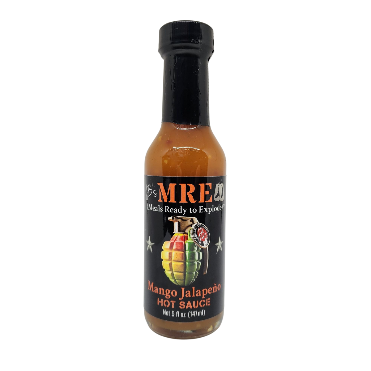 A bottle of MRE's Mango Jalapeño Hot Sauce on a plain white background. The bottle contains an orange-brown sauce and features a black label with a colorful grenade graphic and the brand name MRE's.