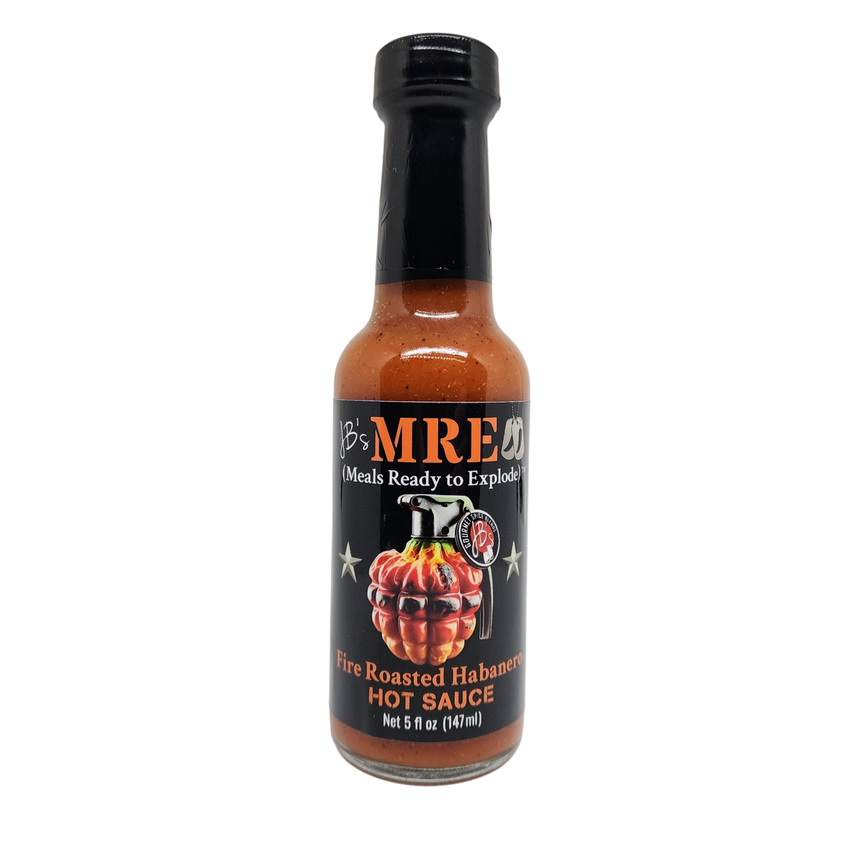 A bottle of JB's MRE Fire Roasted Habanero Hot Sauce on a clean white background. The bottle contains a vibrant orange-red sauce and features a black label with a graphic of a grenade made from habanero peppers and a hand grenade mechanism.
