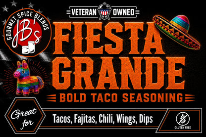 Promotional graphic for JB's Veteran Owned Fiesta Grande Bold Taco Seasoning, featuring large orange textured text on a black background with a colorful sombrero, piñata, and seasoning usage suggestions.