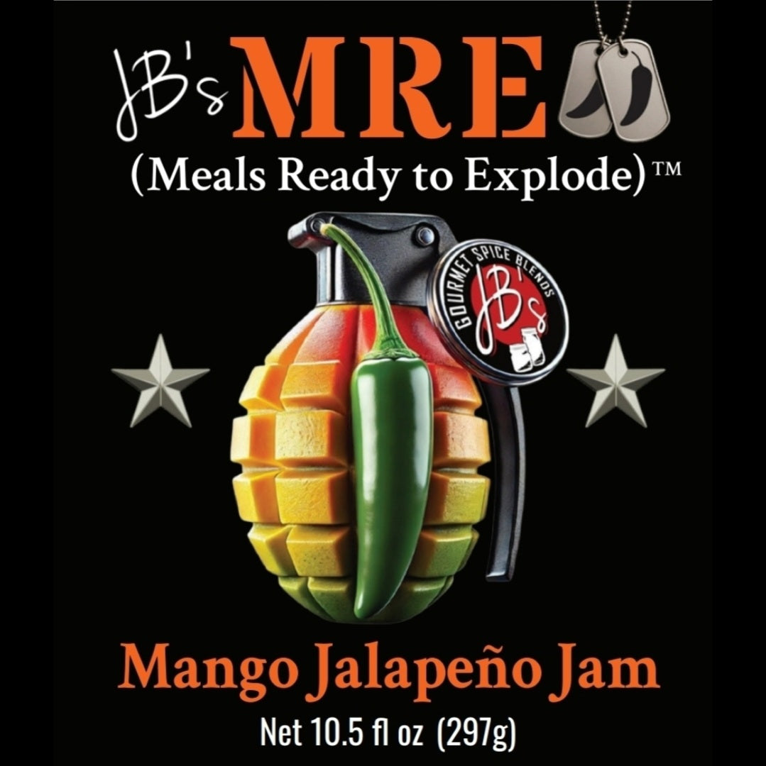 Flavor label for JB's MRE Mango Jalapeño Jam, showing a grenade-shaped product with mango segments, a green jalapeño pepper, and bold orange text on a black background.
