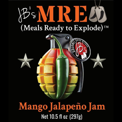 Flavor label for JB's MRE Mango Jalapeño Jam, showing a grenade-shaped product with mango segments, a green jalapeño pepper, and bold orange text on a black background.
