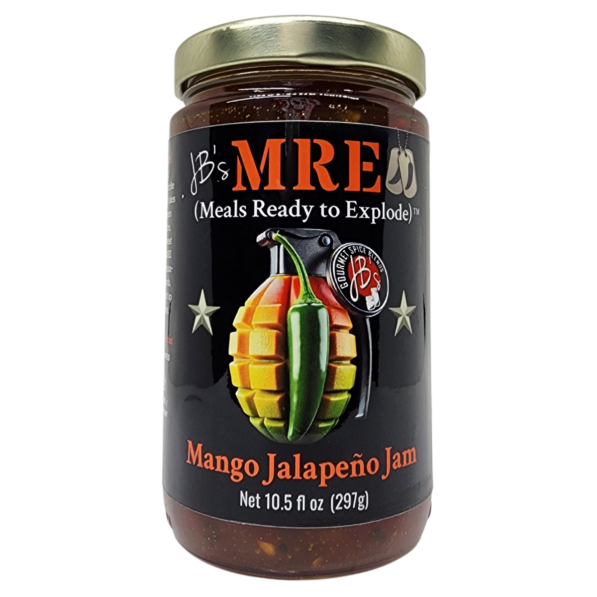 A glass jar of JB's MRE Mango Jalapeño Jam with a gold metal lid and a black label featuring a grenade and chili pepper graphic.