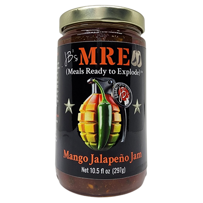 A glass jar of JB's MRE Mango Jalapeño Jam with a gold metal lid and a black label featuring a grenade and chili pepper graphic.