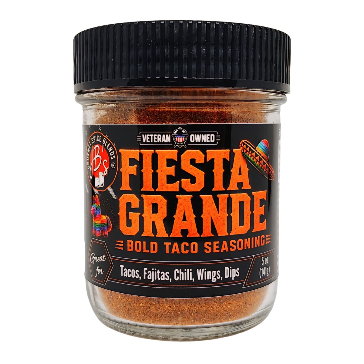 A jar of Fiesta Grande Bold Taco Seasoning on a plain white background. The product consists of a clear glass jar filled with reddish-brown seasoning, a black ribbed lid, and a black label with bold orange text.