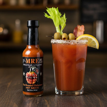 A bottle of MRE Fire Roasted Habanero Hot Sauce stands next to a Bloody Mary cocktail garnished with celery, olives, bacon, and a lemon slice on a dark wooden table.