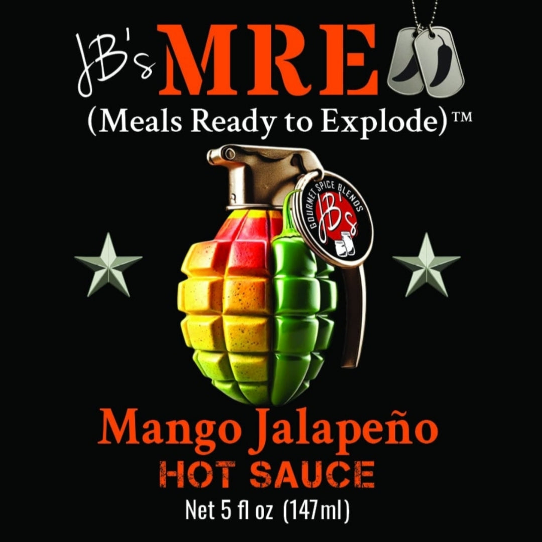 Product label for JB's MRE Mango Jalapeño Hot Sauce, featuring a grenade-shaped bottle with red, yellow, and green segments on a black background with orange and white text.