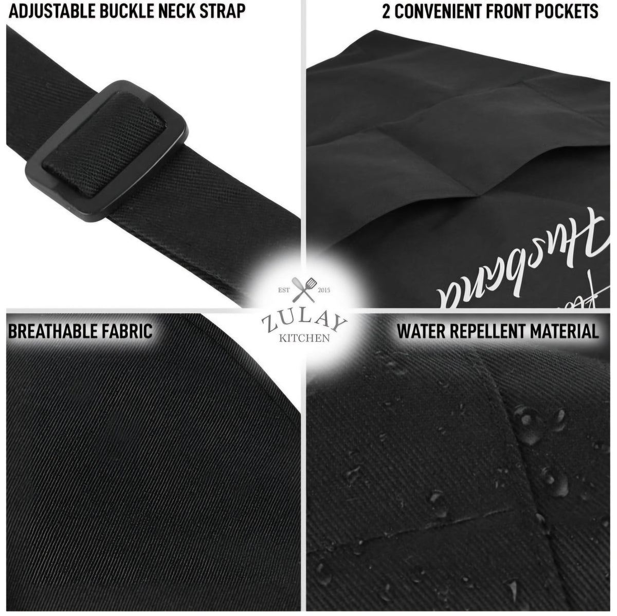 Four-panel product feature collage for a black neck strap bag or bag strap. Text labels read 'ADJUSTABLE BUCKLE NECK STRAP,' '2 CONVENIENT FRONT POCKETS,' 'BREATHABLE FABRIC,' and 'WATER REPELLENT MATERIAL.