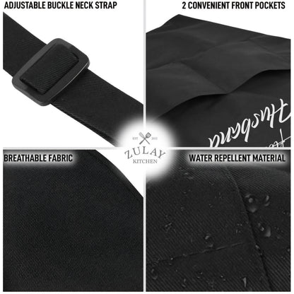 Four-panel product feature collage for a black neck strap bag or bag strap. Text labels read 'ADJUSTABLE BUCKLE NECK STRAP,' '2 CONVENIENT FRONT POCKETS,' 'BREATHABLE FABRIC,' and 'WATER REPELLENT MATERIAL.