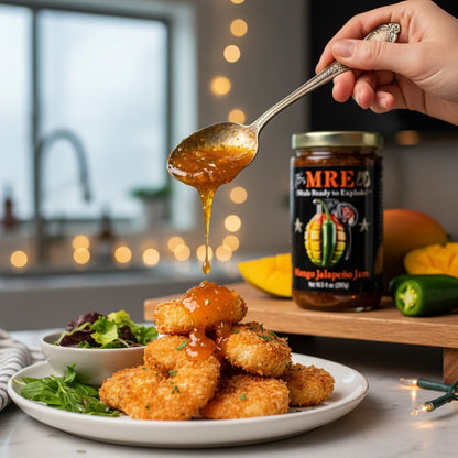 A hand holds a spoon dripping orange-red mango jalapeño sauce over golden fried chicken pieces on a white plate, with a jar of MRE sauce and sliced mangoes and jalapeños in a softly blurred kitchen setting.