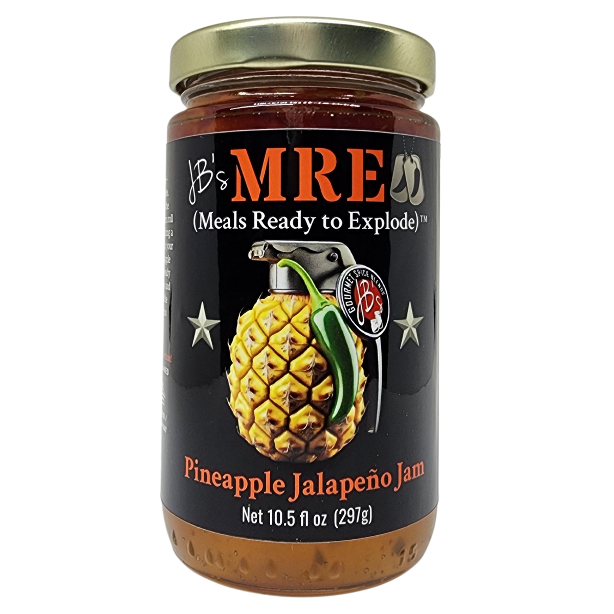 A jar of JB's MRE Pineapple Jalapeño Jam with a black label, gold lid, and graphic of a grenade shaped like a pineapple on a white background.