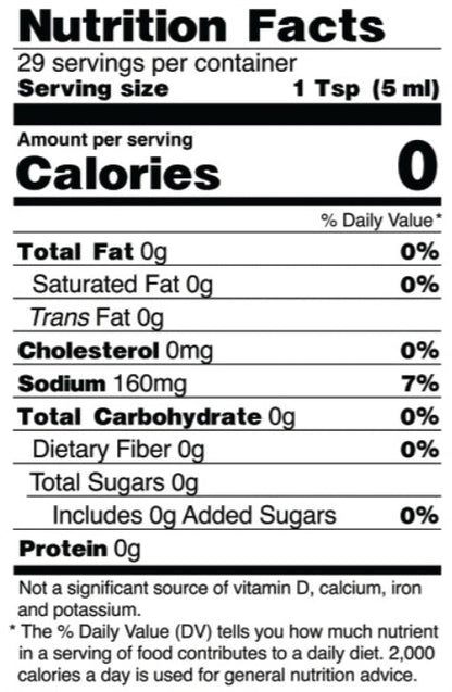 A close-up of a Nutrition Facts label showing a serving size of 1 Tsp (5 ml) with 0 calories, fat, cholesterol, sodium, and carbohydrate, on a black background.