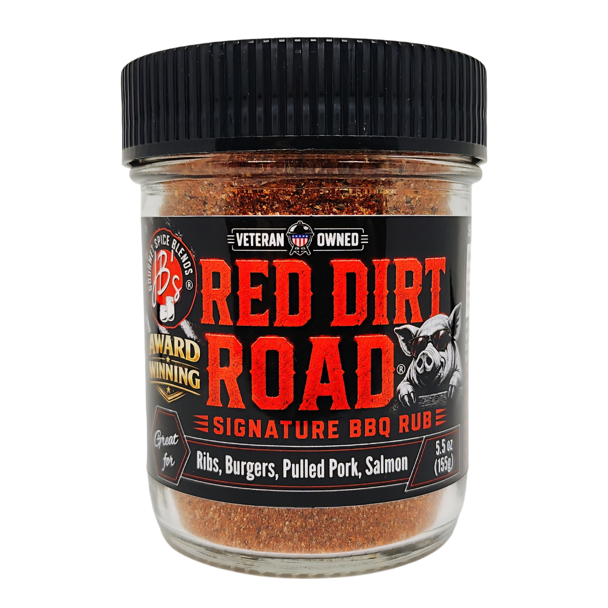 A jar of Red Dirt Road Signature BBQ Rub by Spice Bites, featuring a black ribbed lid and a black label with bold red and white text, set against a plain white background.