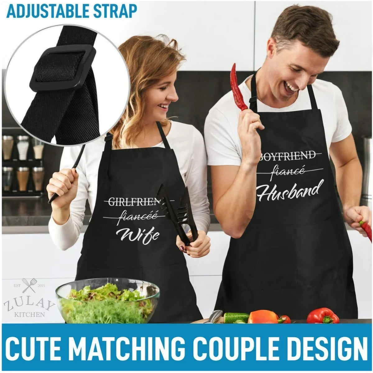 A man and a woman wearing matching black aprons in a kitchen setting, with a circular inset showing the adjustable black strap and buckle. The aprons have white printed text reading 'GIRLFRIEND francis Wife' and 'BOYFRIEND francis Husband'.