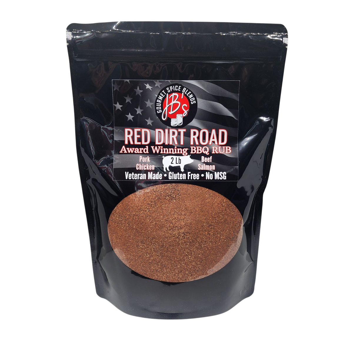 A black resealable stand-up pouch of BBQ rub seasoning with a clear window showing the brown spice blend inside. The front label reads 'Red Dirt Road' and 'Award Winning BBQ RUB' with the brand 'Outlaw Spice Blends' visible.