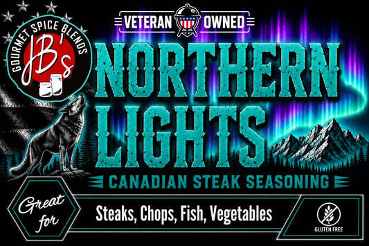 Promotional graphic for JB's Northern Lights Canadian Steak Seasoning, featuring large turquoise text over a black background with neon purple aurora graphics, mountain artwork, a wolf illustration, and badges reading Veteran Owned, Great for Steaks/Chops/Fish/Veg, and Gluten Free.