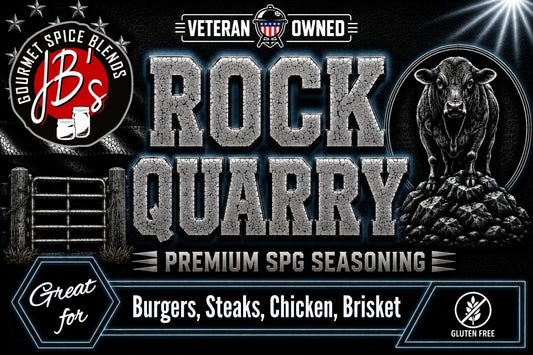 Promotional graphic for JB's Gourmet Spice Blends Rock Quarry Premium SPG Seasoning, featuring a cowboy on a rock, a cow fence, and text listing burger, steak, chicken, and brisket suitability.