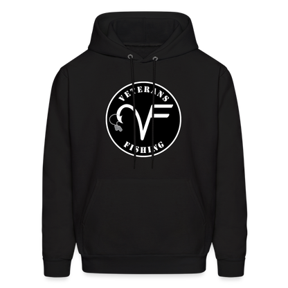 Black hoodie with 'Veterans Fishing' logo in white on the front