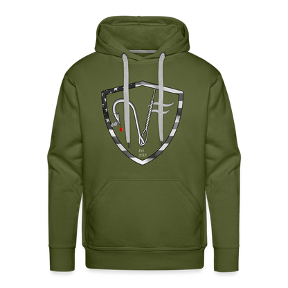 Green hoodie with a graphic of a fish and a shield on the front, featuring a hood and a drawstring.
