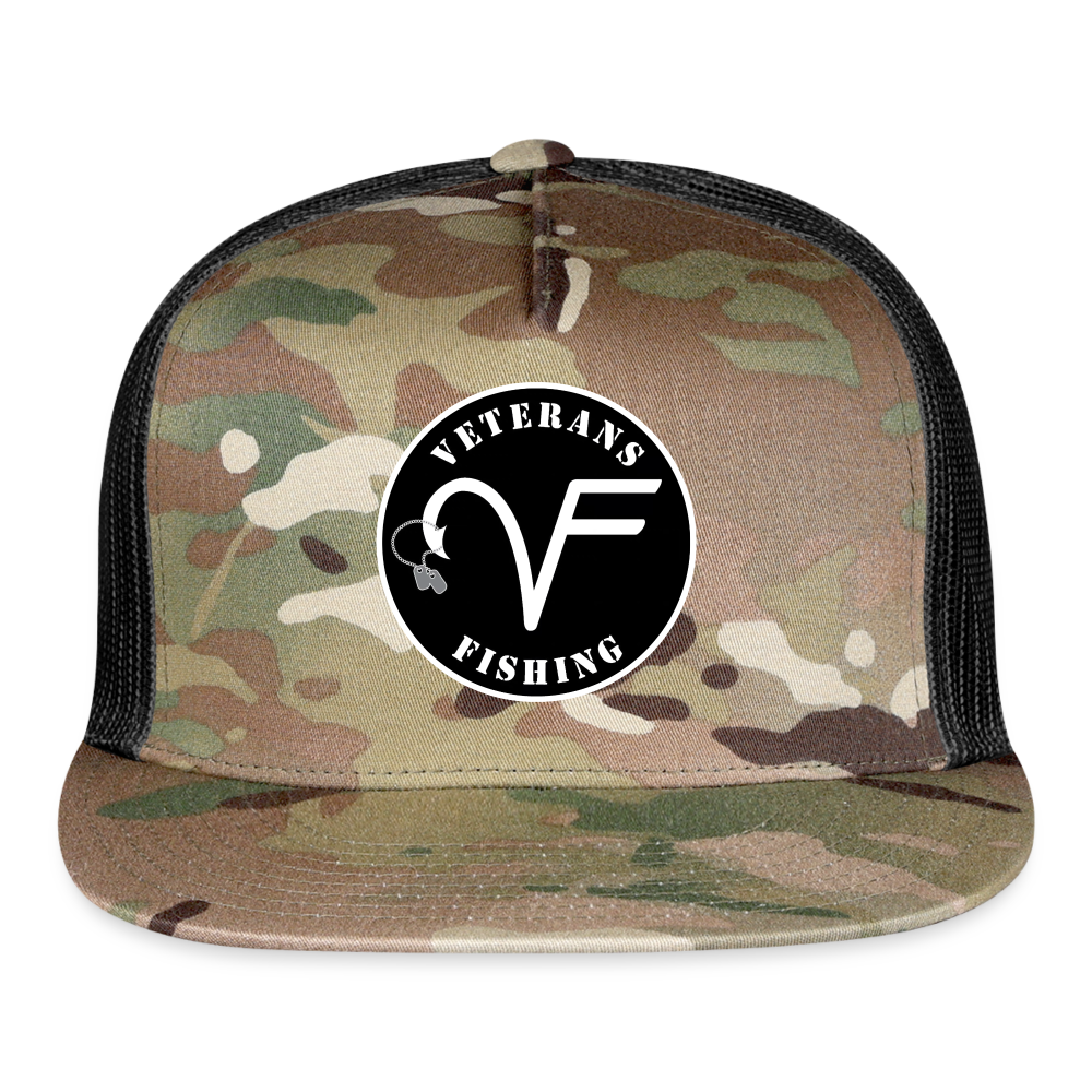 A camouflage flat patch snapback hat with a logo 'Veterans Fishing' on the front.