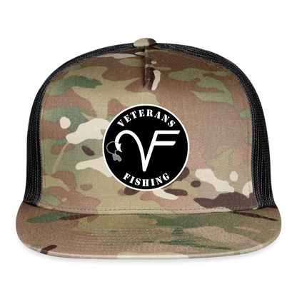 A camouflage flat patch snapback hat with a logo 'Veterans Fishing' on the front.