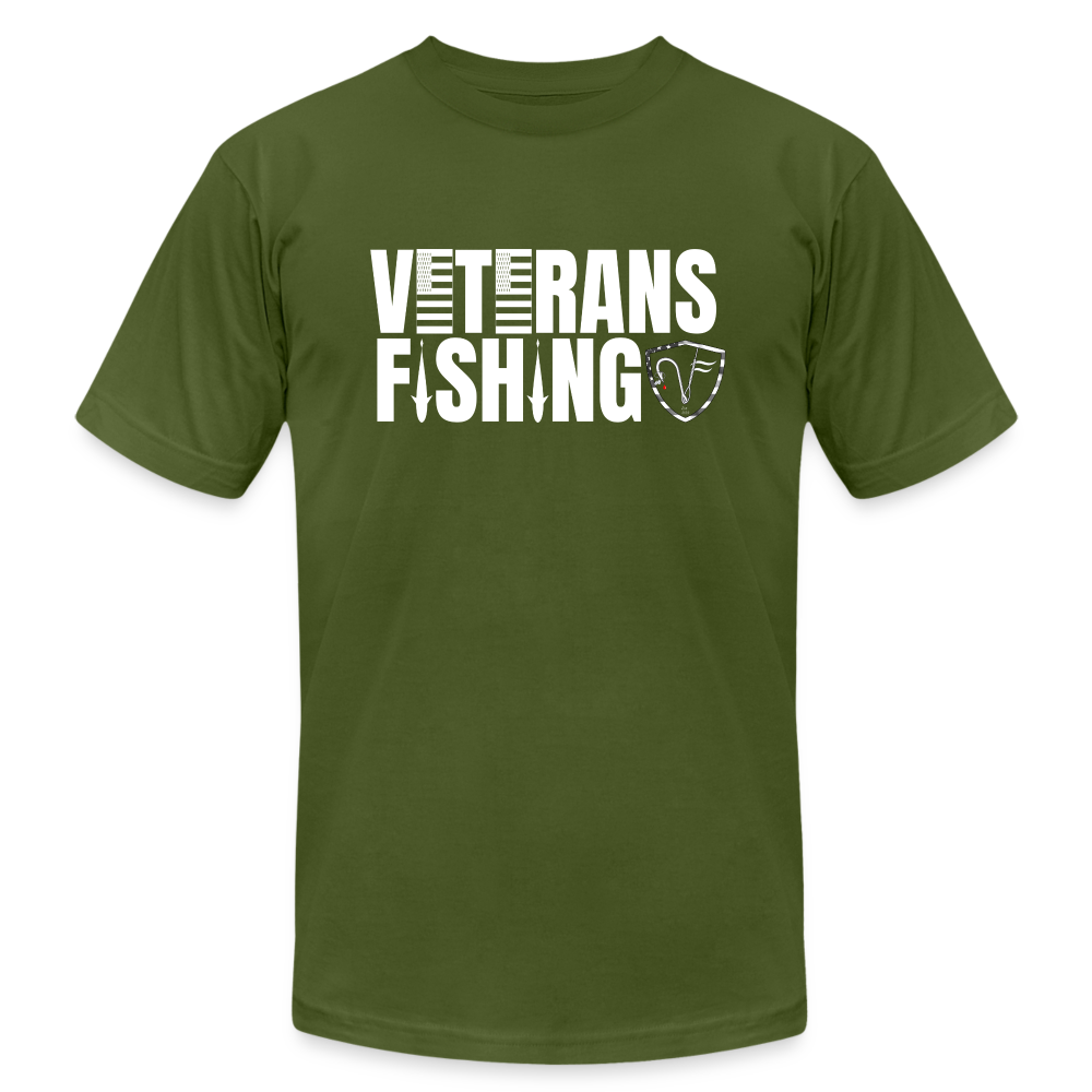 Green veterans fishing t-shirt with the text 'VETERANS FISHING' and a graphic of a fish.