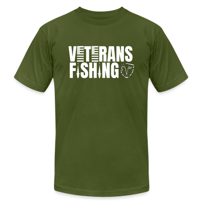 Green veterans fishing t-shirt with the text 'VETERANS FISHING' and a graphic of a fish.