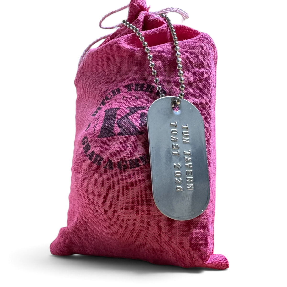 Tun Tavern Toast 2026 limited edition grenade soap in a K Bar cloth bag with a stamped dog tag