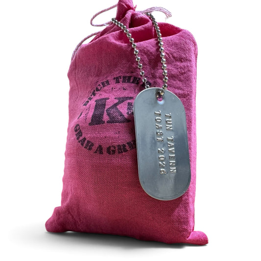 Tun Tavern Toast 2026 limited edition grenade soap in a K Bar cloth bag with a stamped dog tag