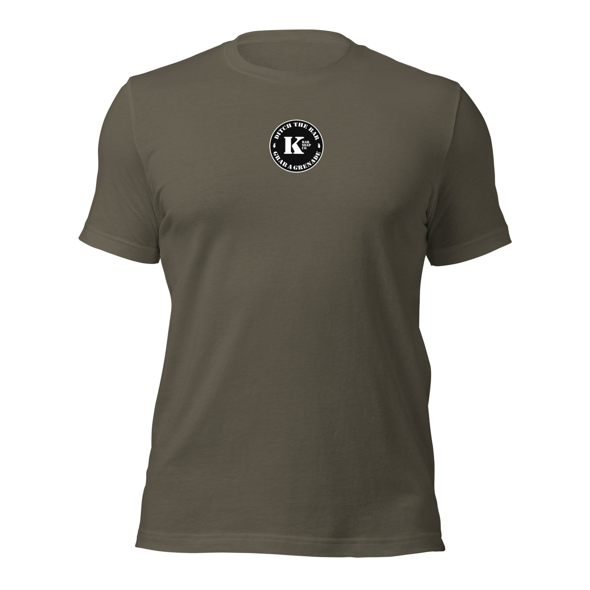 A heather green t-shirt with a logo on the chest.