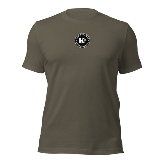 A heather green t-shirt with a logo on the chest.